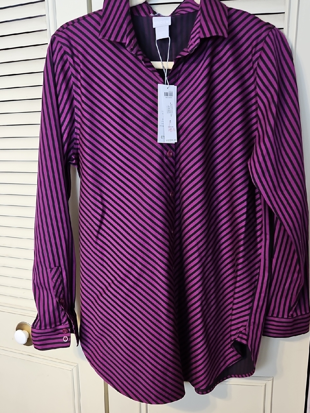 Chico's Purple and Black Striped Button Front Shirt
